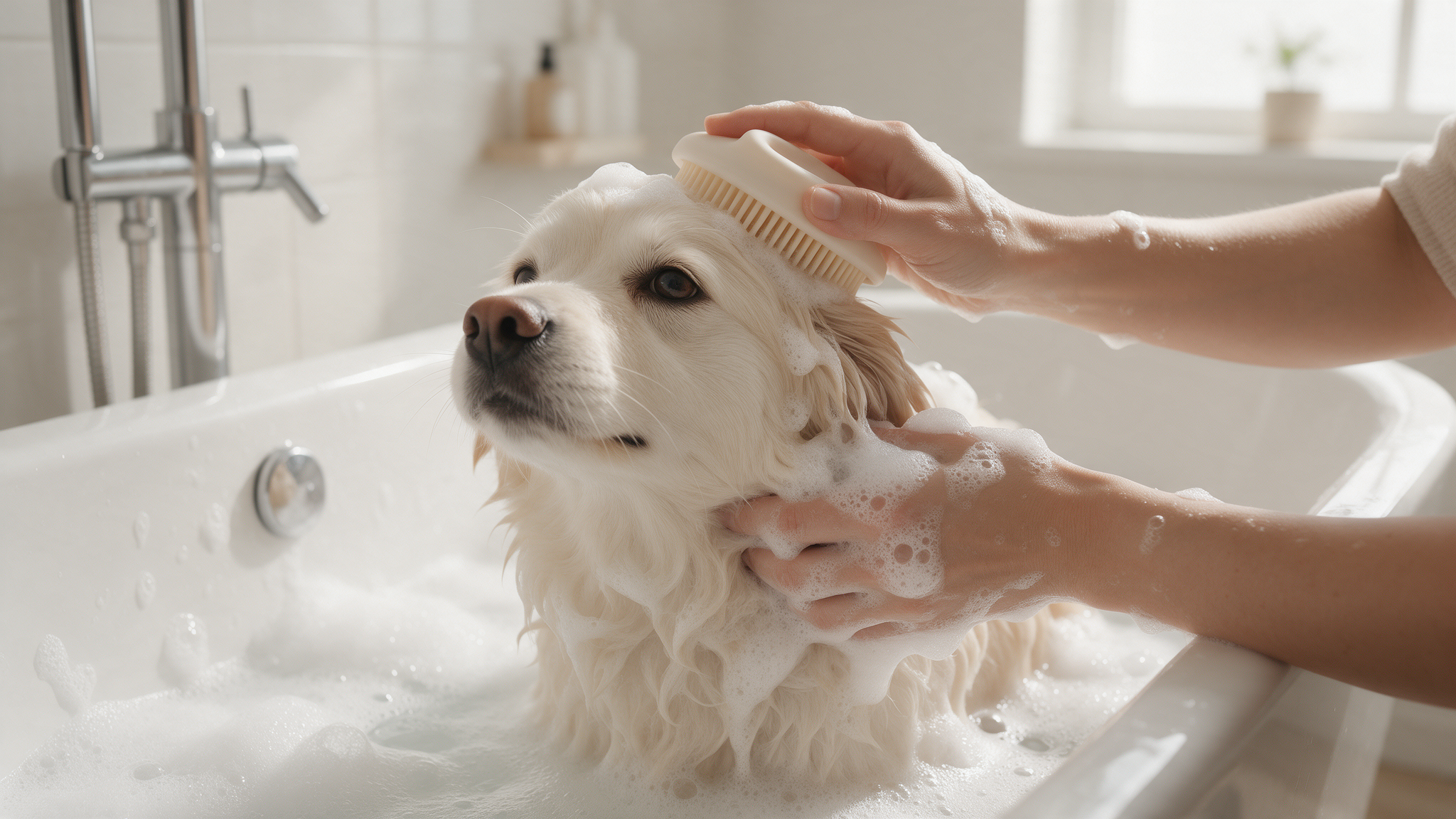 Fluffy dog being gently washed with a silicone bath brush