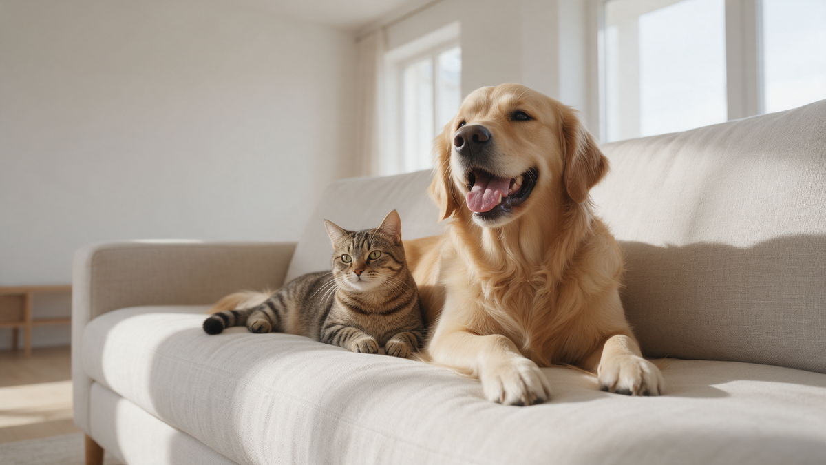 Golden retriever and tabby cat relaxing on a light sofa