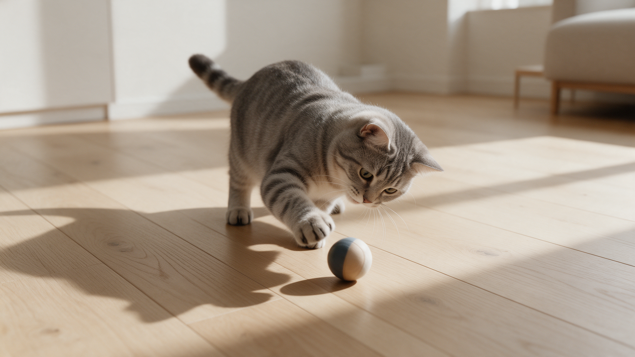 Grey tabby cat playing with a rolling ball toy